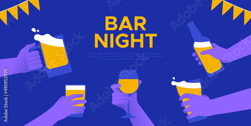 Bar night party event illustration template of friends drinking beer and wine drink together. Diverse people hands holding glass for celebration invitation or web background.