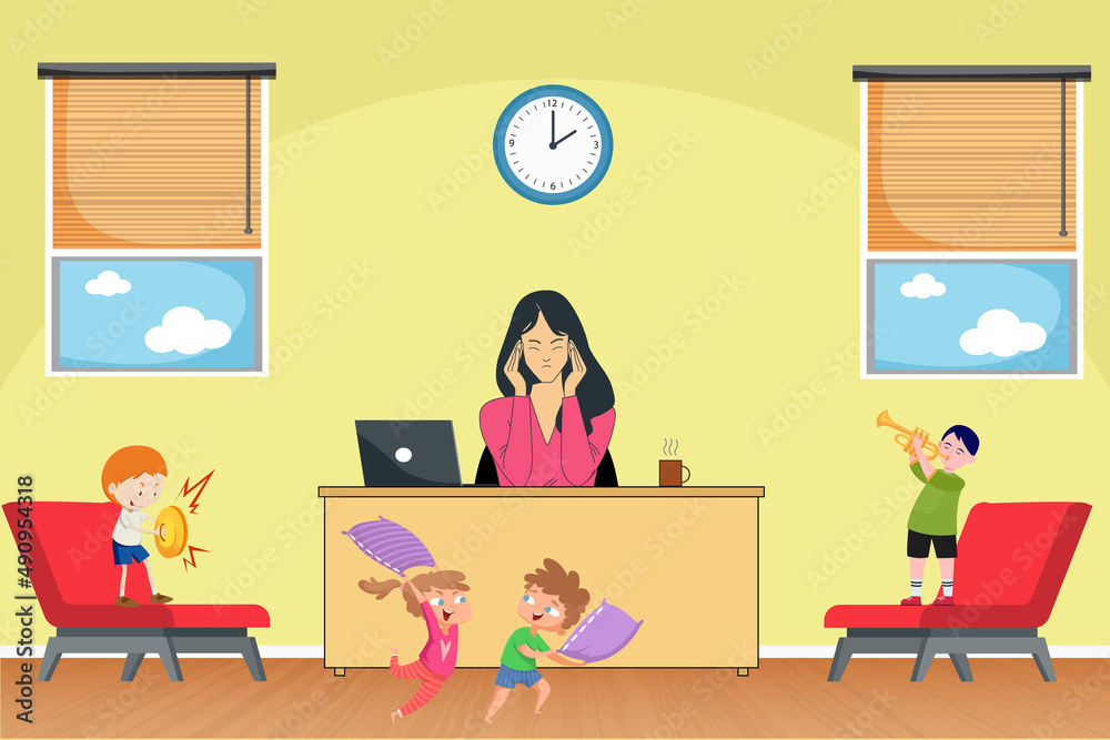 Mother is having headache because of the children's noising  at home. Vector illustration.