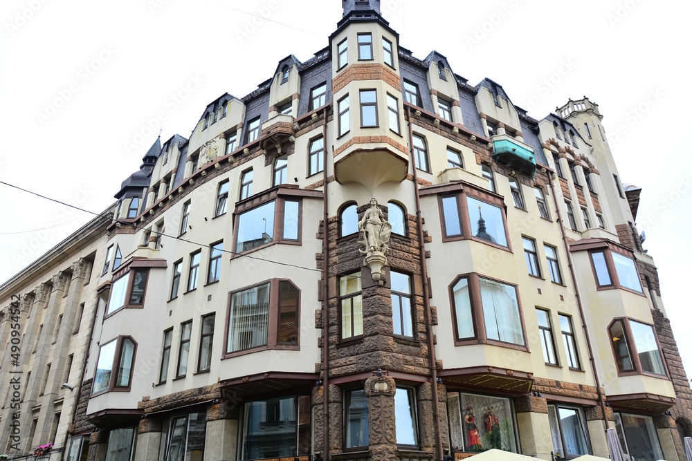 Fototapeta premium Riga, Latvia - Facade of Building in Art Nouveau architecture style in Riga, capital of Latvia;