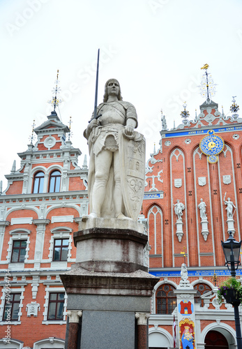 Riga, Latvia - Statue of Roland, Monument of Riga's protector in front of The House of the Blackheads on Riga's Town Hall Square,