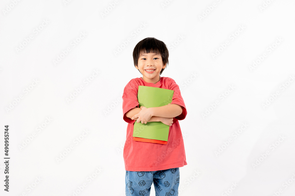 Portrait of Happy asian boy with books isolated on white background, Education and learning with technology concept Portrait of Happy asian boy with books isolated on white background, Education and learning with technology concept