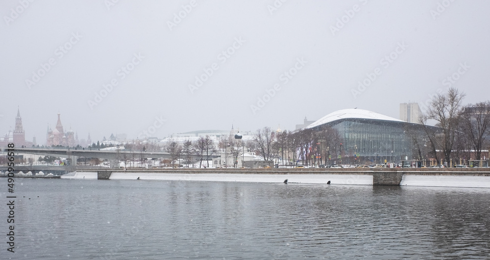 December 5, 202, Moscow, Russia. View of the Moscow River and Zaryadye Park in winter during a snowfall.