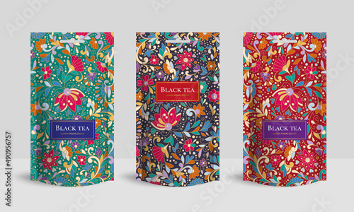 Tea packaging design with zip pouch bag mockup. Vector ornament template. Elegant, classic elements. Great for food, drink and other package types. Can be used for background and wallpaper.