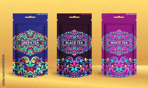 Tea packaging design with zip pouch bag mockup. Vector ornament template. Elegant, classic elements. Great for food, drink and other package types. Can be used for background and wallpaper.