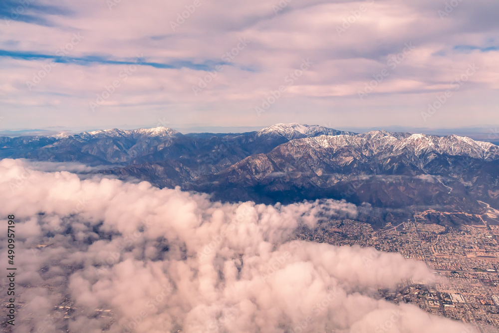 Aerial view of the San Gabriel Mountains outside of Los Angeles featuring Mt Baldy and Mt San Antonio's Aerial view of the San Gabriel Mountains outside of Los Angeles featuring Mt Baldy and Mt San Antonio's