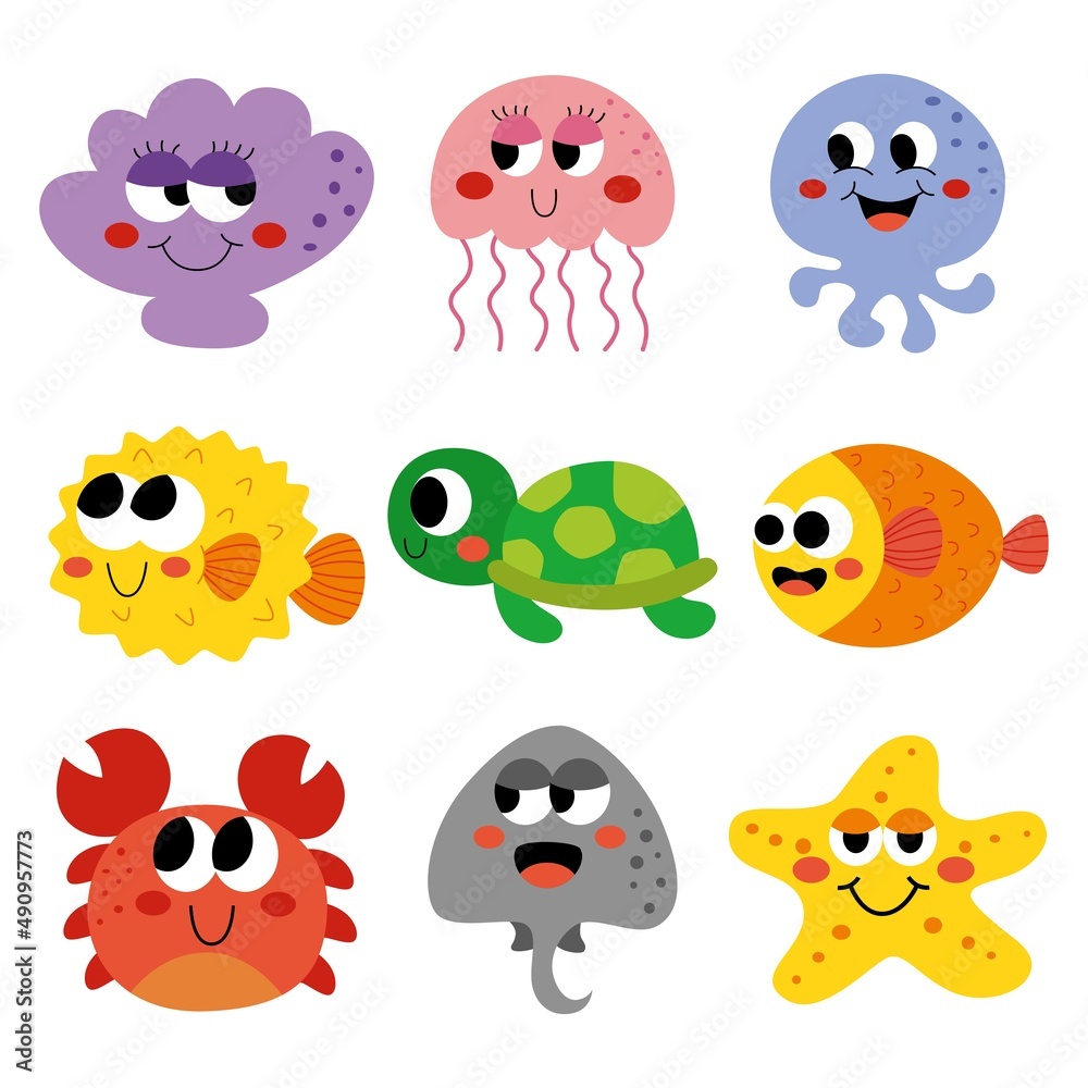 cute funny sea and ocean animals cartoon isolated on white background. illustration vector. cute funny sea and ocean animals cartoon isolated on white background. illustration vector.