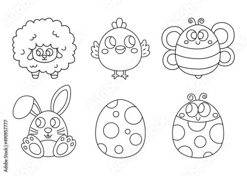 Happy Easter day thin line icons set. cartoon character rabbits and chicks isolated on white background. vector Illustration.