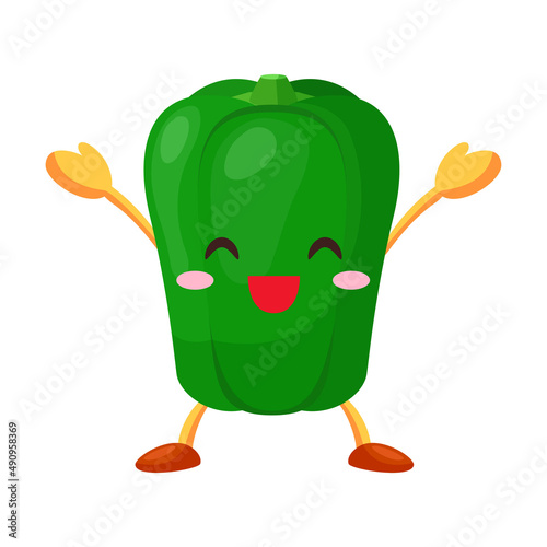 両手を挙げて喜んでいる可愛いピーマンのキャラクターのイラスト
