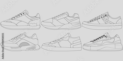 set of outline Cool Sneakers. Shoes sneaker outline drawing vector, Sneakers drawn in a sketch style, sneaker trainers template outline, Set Collection. vector Illustration.
