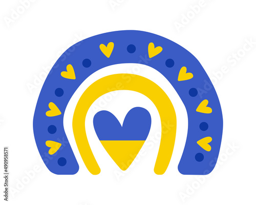 Hand drawn boho rainbow in ukrainian blue yellow colors with hearts isolated on white background. Vector flat illustration. Design for print, sticker