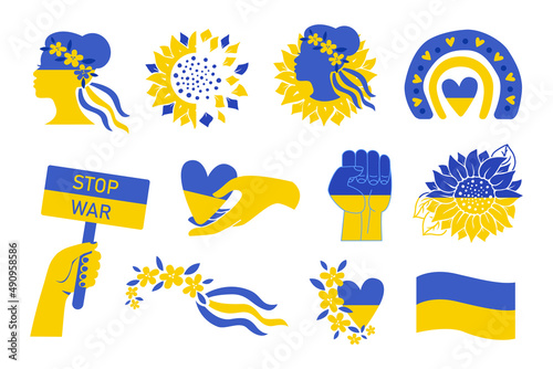 Ukrainian icons set of national symbol isolated on white background. Clipart collection vector flat illustration with rainbow, sunflower, woman, heart, flag, wreath, hand, ribbon in blue, yellow color