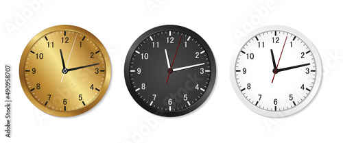 Wall clocks in golden black and white colors. Realistic clock vector set isolated on white background. Vector EPS 10