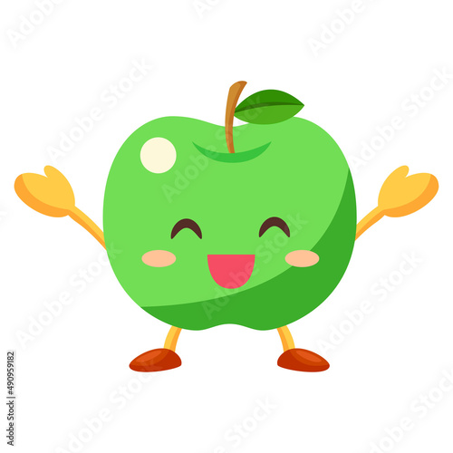 両手を挙げて喜んでいる青りんごのかわいいキャラクターのイラスト