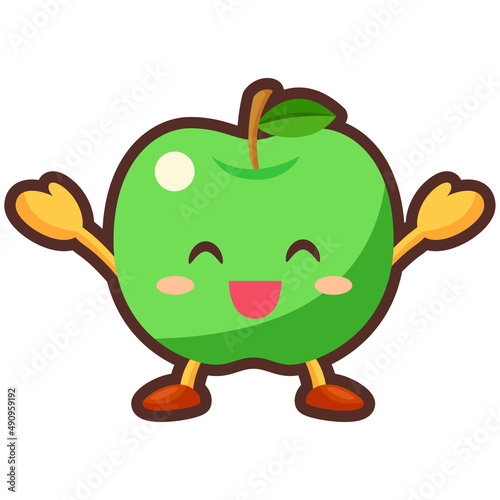 両手を挙げて喜んでいる青りんごのかわいいキャラクターのイラスト