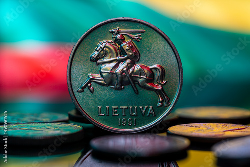 Lithuania 5 Centai Coin 1991 Obverse Flag Background Macro Close Up photo