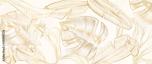 Luxury art background with golden tropical leaves. Botanical exotic flower drawings for interior design, packaging, wallpapers, banners in white and gold color.