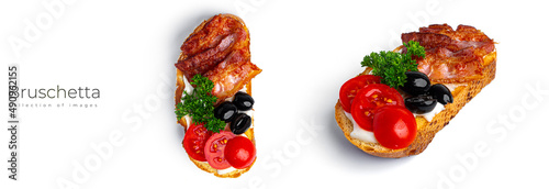 Bruschetta with fried egg and vegetables on a white background.