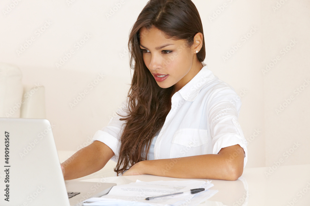 Modern convenience for the modern woman. Young woman working at her laptop. Modern convenience for the modern woman. Young woman working at her laptop.
