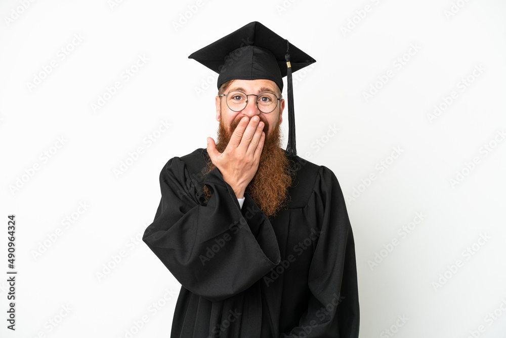 Young university graduate reddish man isolated on white background happy and smiling covering mouth with hand Young university graduate reddish man isolated on white background happy and smiling covering mouth with hand