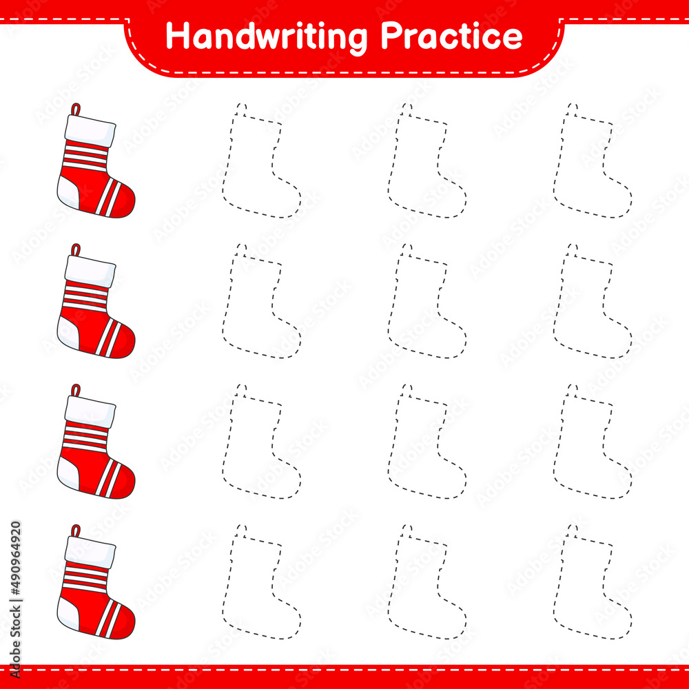 Obraz premium Handwriting practice. Tracing lines of Christmas Sock. Educational children game, printable worksheet, vector illustration