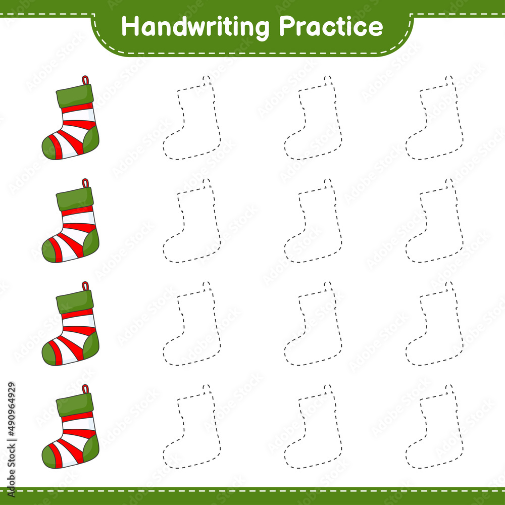 Obraz premium Handwriting practice. Tracing lines of Christmas Sock. Educational children game, printable worksheet, vector illustration