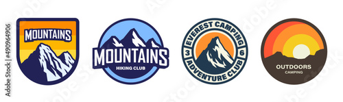 Mountains and outdoor adventure, camping and hiking set of four colorful vector emblems, labels, badges or logos isolated on white background