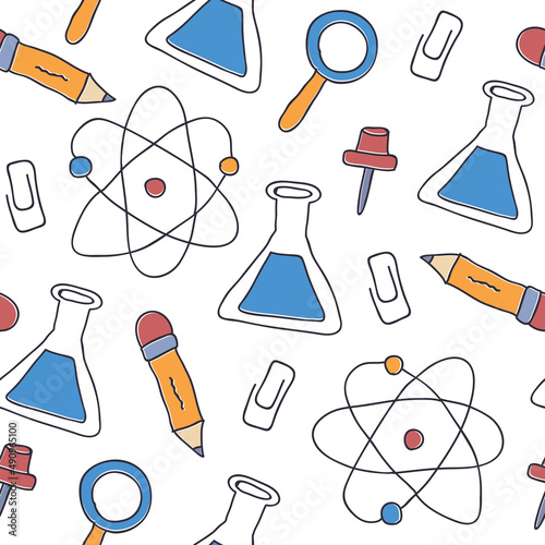 Hand Drawn Science seamless pattern on white, chemistry, science, pencil, test cube, molecule