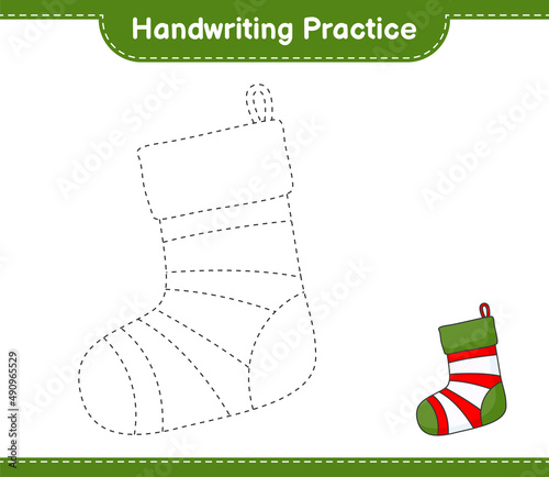Handwriting practice. Tracing lines of Christmas Sock. Educational children game, printable worksheet, vector illustration