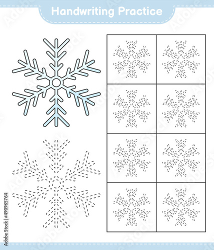 Handwriting practice. Tracing lines of Snowflake. Educational children game  printable worksheet  vector illustration
