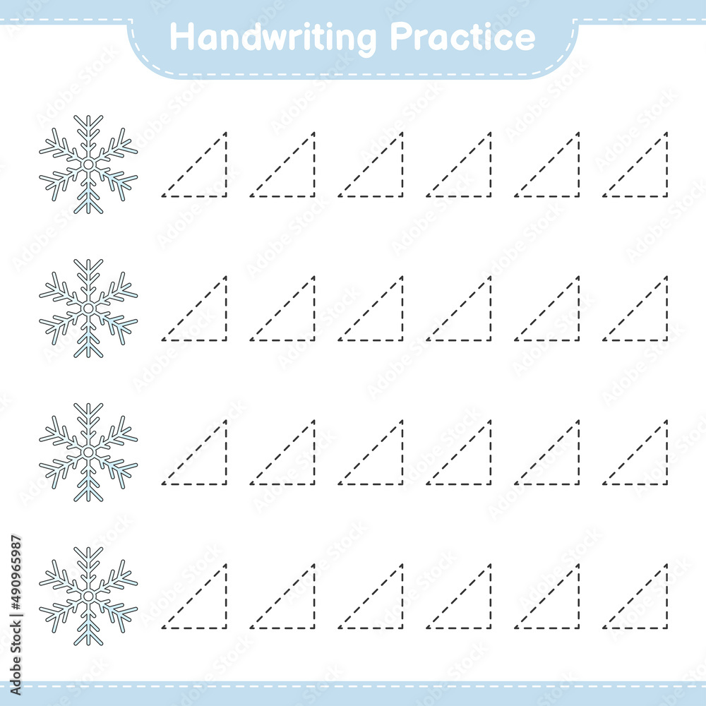 Handwriting practice. Tracing lines of Snowflake. Educational children game, printable worksheet, vector illustration