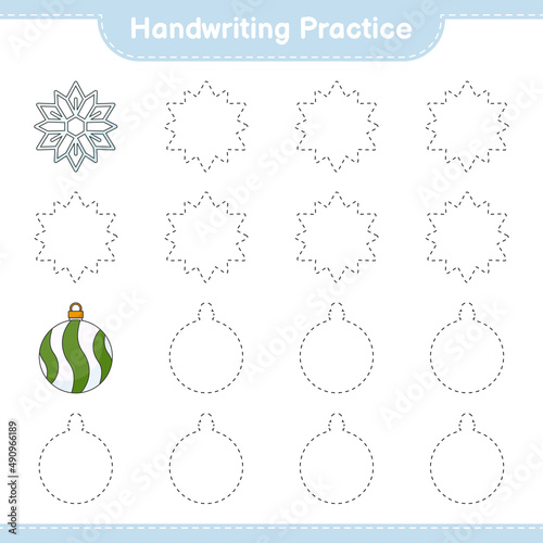 Handwriting practice. Tracing lines of Snowflake and Christmas Ball. Educational children game, printable worksheet, vector illustration