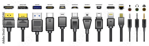 realistic usb connector for mobile phone, various socket plug in for gadget and electronics device. photo