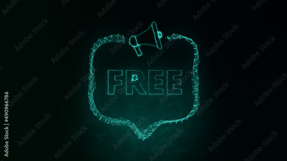 Megaphone banner with speech bubble and text free. Plexus style of green glowing dots and lines. Abstract illustration