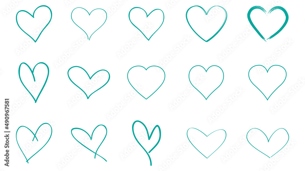 Heart contour vector. Turquoise hand drawn love icon isolated. Paint brush stroke heart icon. Hand drawn vector for love logo, heart symbol, doodle icon and Valentine's day. Painted grunge vector set