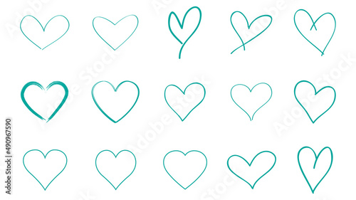 Heart contour vector. Turquoise hand drawn love icon isolated. Paint brush stroke heart icon. Hand drawn vector for love logo, heart symbol, doodle icon and Valentine's day. Painted grunge vector set