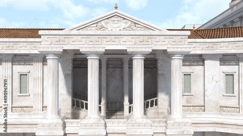 An ancient greek style city building entrance with hellenic style columns. An ancient greek style city building entrance with hellenic style columns.