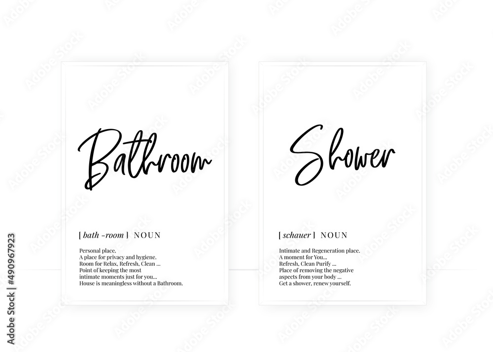 Bathroom and shower definition, vector. Minimalist poster design. Wall
