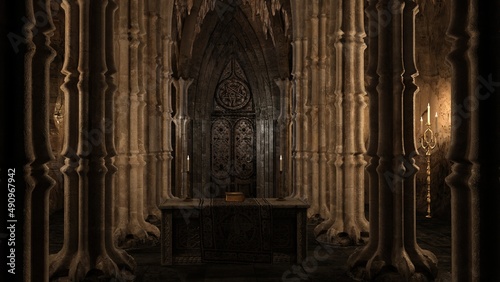 A horror style gothic chapel with an altar. Illuminated by candlelight.