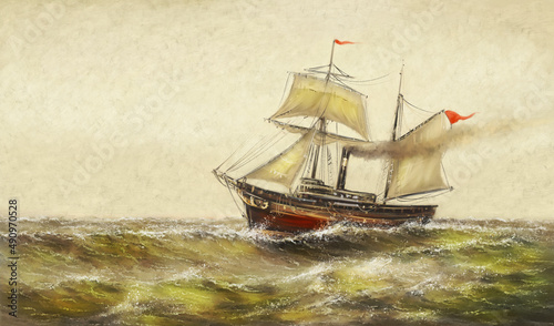 Digital oil paintings sea landscape, old ship on the sea. Fine art