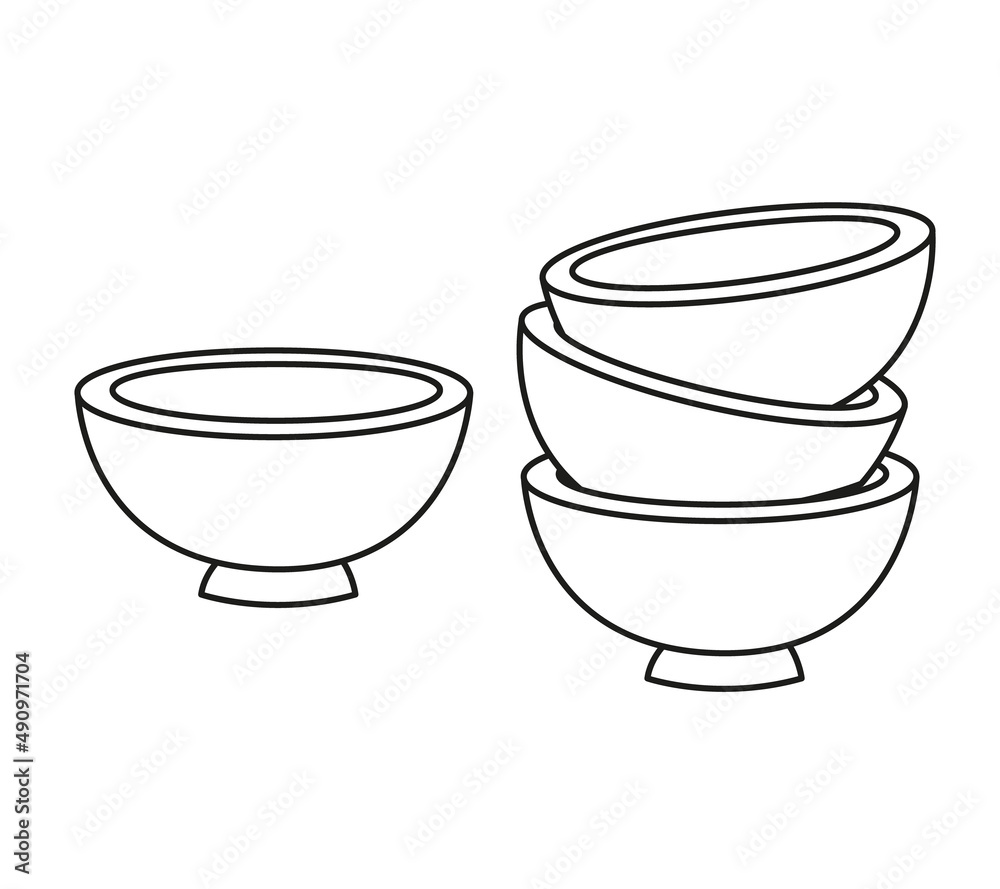 Set of plates and bowls with black outline. Vector illustration of