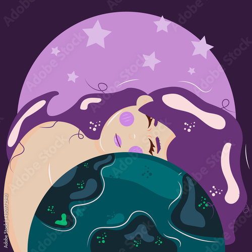 A girl with a planet in a flat style.