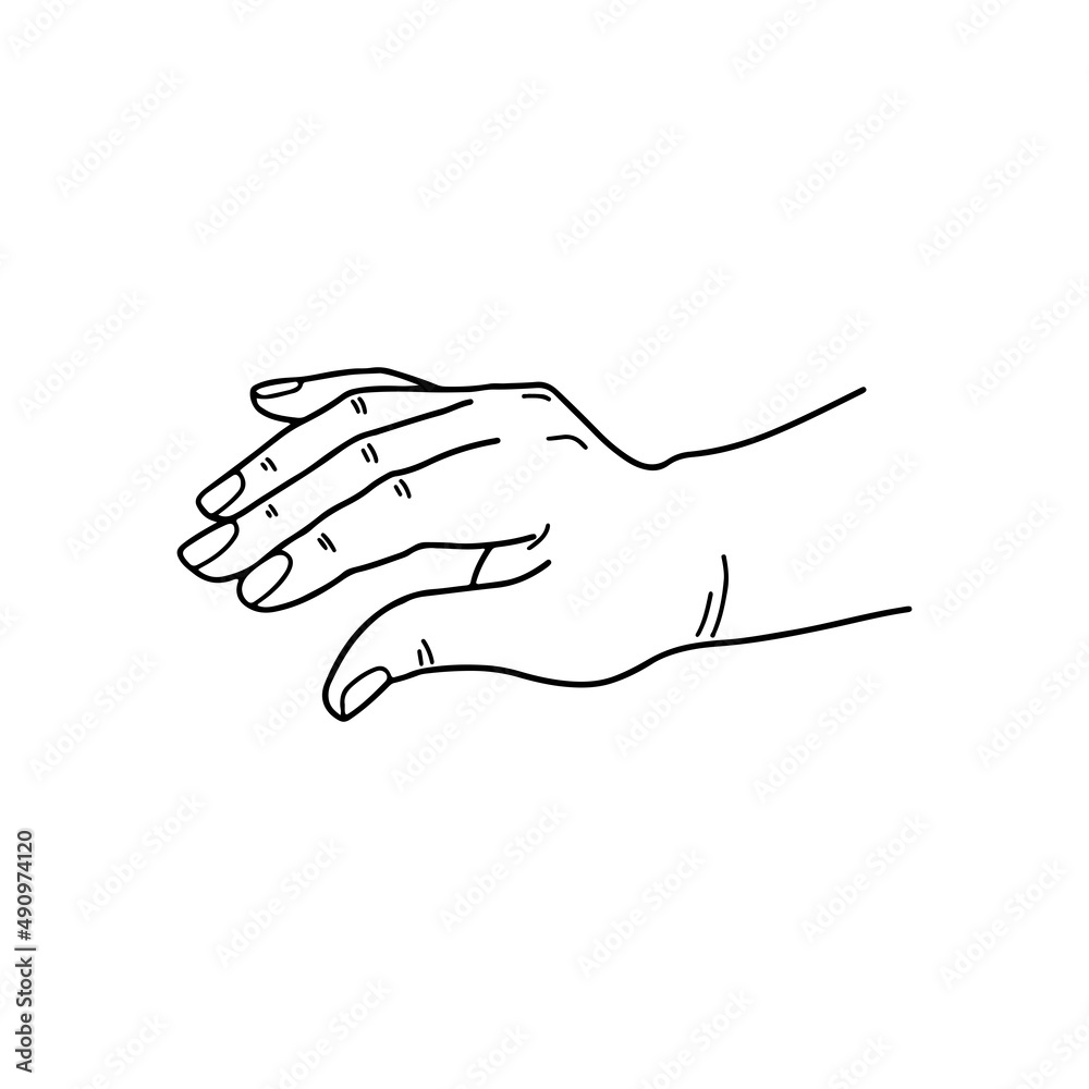 The black outline of a human hand. A hand gesture on a white background. The language of communication with gestures, the designation of gestures with palms. Vector illustration. The black outline of a human hand. A hand gesture on a white background. The language of communication with gestures, the designation of gestures with palms. Vector illustration.
