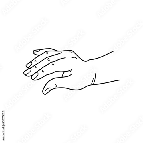 The black outline of a human hand. A hand gesture on a white background. The language of communication with gestures, the designation of gestures with palms. Vector illustration.