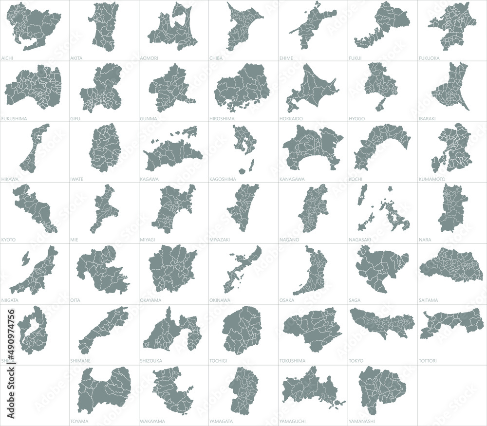 Prefectures of Japan simple flat maps design. Geography vector graphic template. Include tokyo, osaka, kyoto, hokkaido, nara, saitama, okinawa, kagawa, kumamoto etc.