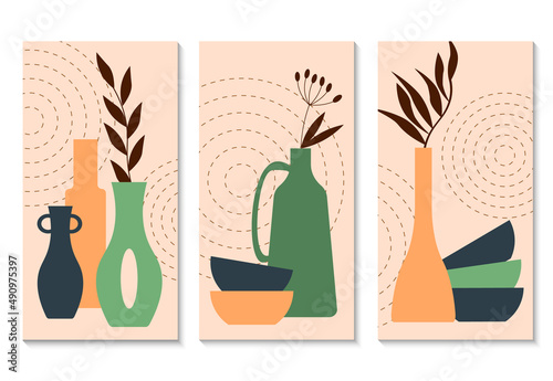 Set of templates with ceramic vases, bowls and plants. Vector illustration. Templates for social media design, packaging, covers and posters, cards, brochures and more.