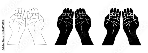  Left and right hand cupped together asking assistance in prayer. Islamic prayers posture. Muslim prayer hand. Religious praying belief and posture. Islamic culture.
