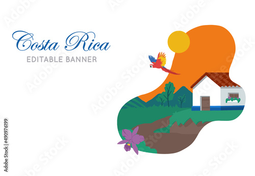 VECTORS. Costa Rica landscape, traditional house, national symbols, touristic banner 