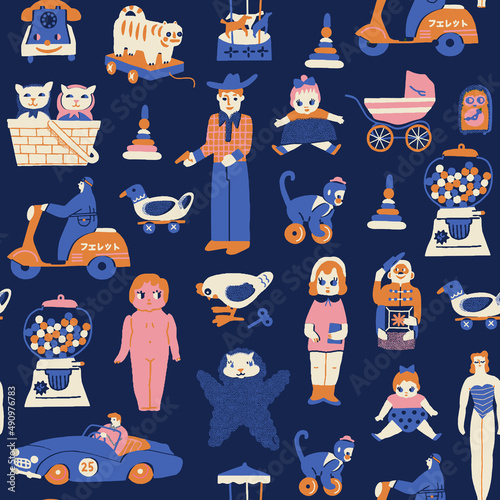 Vintage toys seamless pattern. Amusement park various of prize: dolls, cars, gumball machine, cowboy, cat. Vector illustration