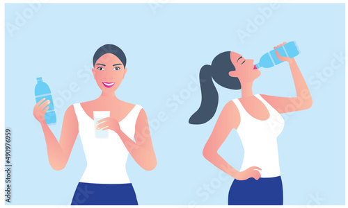 Healthy women drinking water from plastic bottle vector illustration. Healthy lifestyle concept