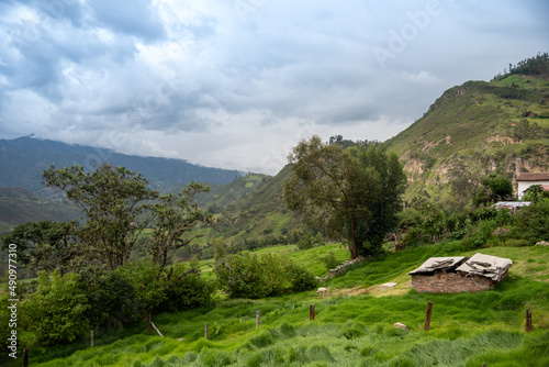 Green hillside landscape with mountains in the background in the department of Boyacá.Colombia.